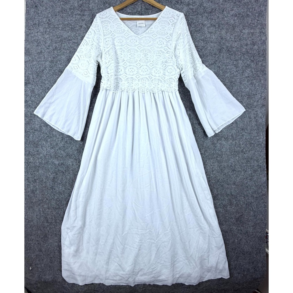 Q.Noor Maxi Dress Womens Medium White Lace Bell Sleeve‎ Temple Boho Modest Angel